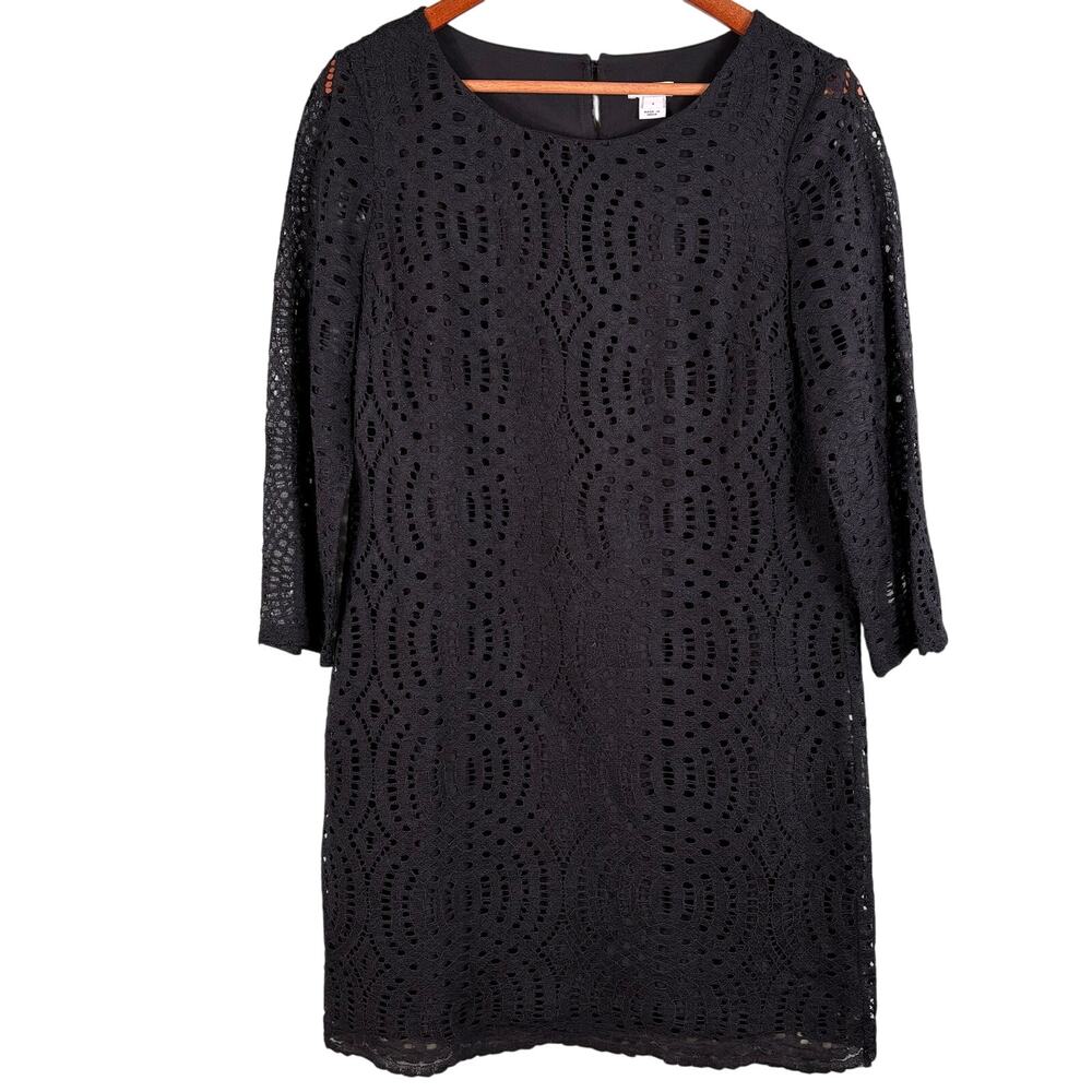 J. Crew Dress Women Size 4 Black Natalia 3/4 Sleeve Geometric Midi‎ Wear